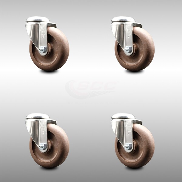 4 Inch 316SS High Temp Glass Filled Nylon Wheel Swivel Bolt Hole Caster Set SCC